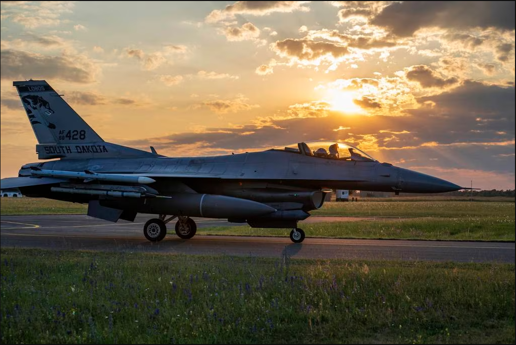 An F-16 Fighting Falcon assigned to the 114th Fighter Wing, South Dakota National Guard, taxis in from an agile combat employment movement during exercise Air Defender 2023 at Lechfeld Air Base, Germany. (Tech. Sgt. Luke Olson/Air National Guard)